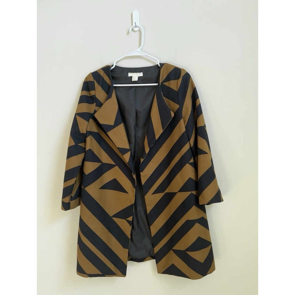 H&M Tan Black Geometric Print Open Front Jacket Size 2 – Modern Chic